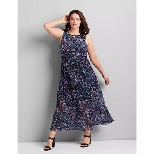 Lane Bryant Size 16 Floral Dot Printed Mixed-Media Maxi Dress Modest Office Work